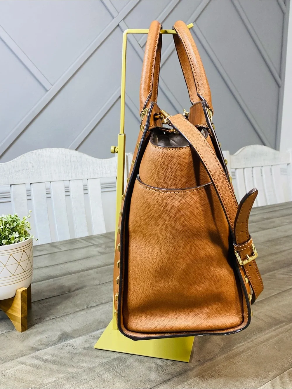 Michael Kors Selma Studded Large Brown Satchel Zip, Gold Hardware, Strap